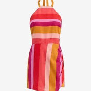 Express Linen-Blend Striped Halter Ruched Romper